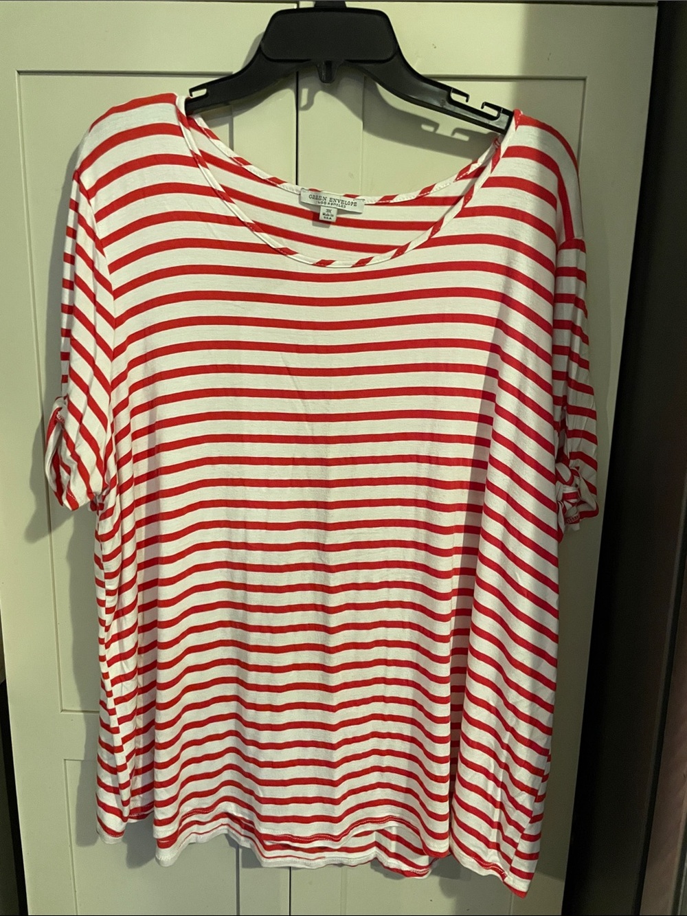 Green Envelope Red & White Striped Short-Sleeve Scoop Neck Tee